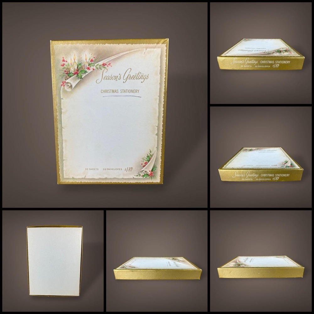 Season's Greetings Christmas Stationery Set OPEN Box 1950s 60s Holly Candle Art - Picture 9 of 10